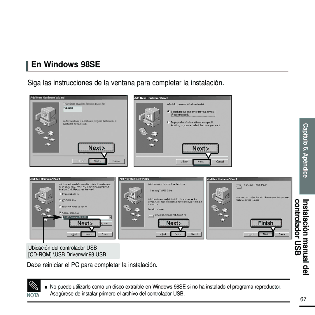 Samsung YP-U2RZB/XET, YP-U2RZW/XET, YP-U2RXW/ELS, YP-U2ZB/ELS En Windows 98SE, Instalación manual controlador USB 