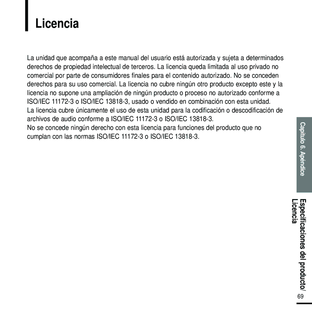 Samsung YP-U2RZB/OMX, YP-U2RZW/XET, YP-U2RXW/ELS, YP-U2RZB/XET, YP-U2ZB/ELS manual Licencia 