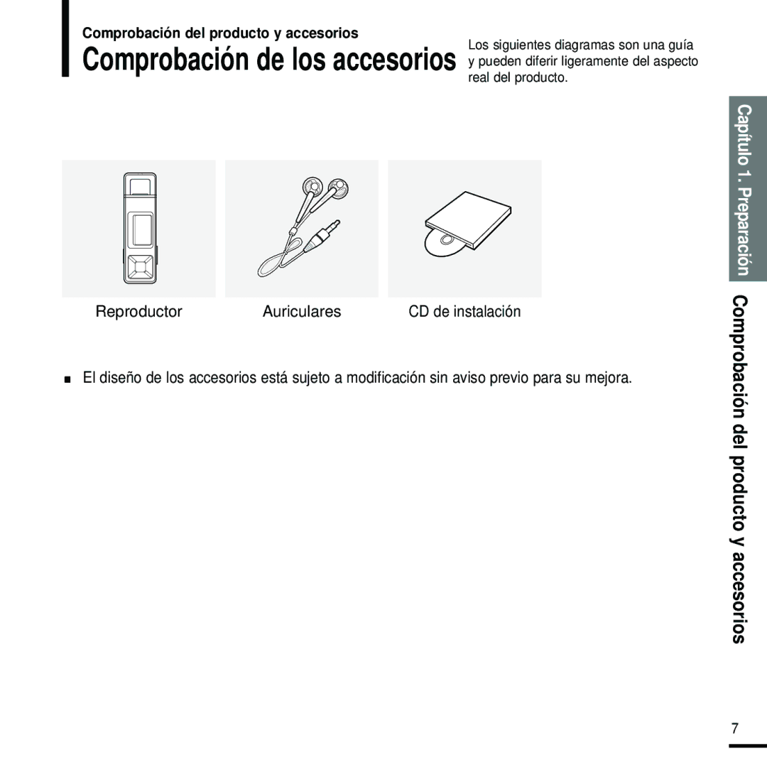 Samsung YP-U2RZB/XET, YP-U2RZW/XET, YP-U2RXW/ELS manual Comprobación del producto y accesorios, Reproductor Auriculares 