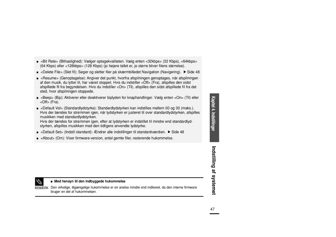 Samsung YP-U2ZB/ELS, YP-U2XB/ELS, YP-U2QB/ELS manual Kapitel 4. Indstillinger Indstilling af systemet 