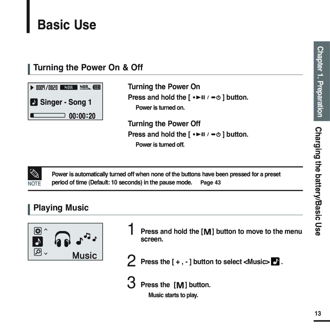 Samsung YP-U2QW/ELS, YP-U2ZW/ELS, YP-U2XW/ELS, YP-U2XB/ELS, YP-U2QB/ELS Basic Use, Turning the Power On & Off, Playing Music 