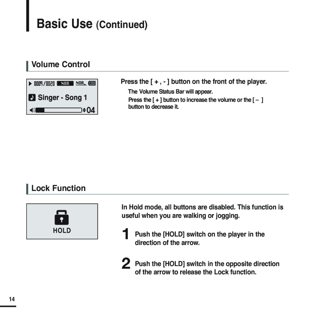 Samsung YP-U2XW/ELS, YP-U2ZW/ELS manual Volume Control, Lock Function, Press the + , button on the front of the player 