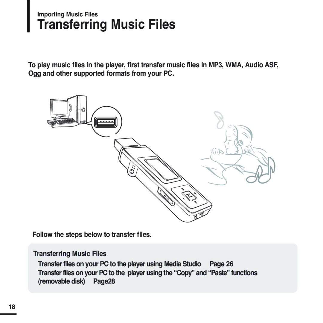 Samsung YP-U2ZW/ELS, YP-U2QW/ELS, YP-U2XW/ELS, YP-U2XB/ELS, YP-U2QB/ELS manual Transferring Music Files, Importing Music Files 