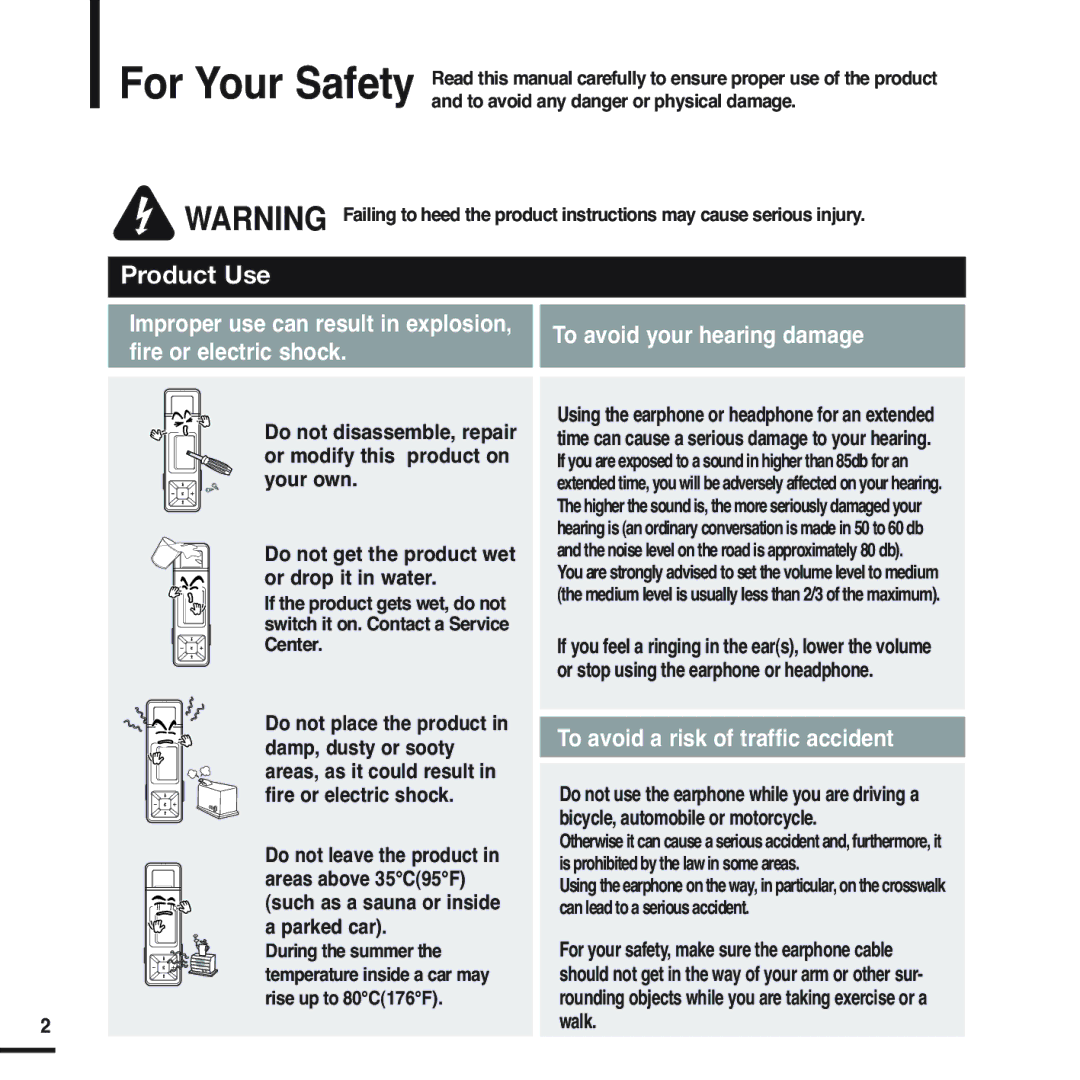 Samsung YP-U2XW/ELS, YP-U2ZW/ELS, YP-U2QW/ELS, YP-U2XB/ELS, YP-U2QB/ELS, YP-U2ZB/ELS manual Product Use 