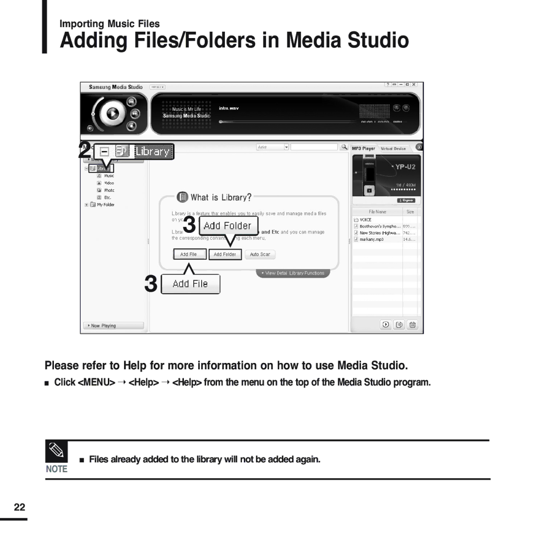 Samsung YP-U2QB/ELS, YP-U2ZW/ELS, YP-U2QW/ELS, YP-U2XW/ELS, YP-U2XB/ELS, YP-U2ZB/ELS manual Adding Files/Folders in Media Studio 