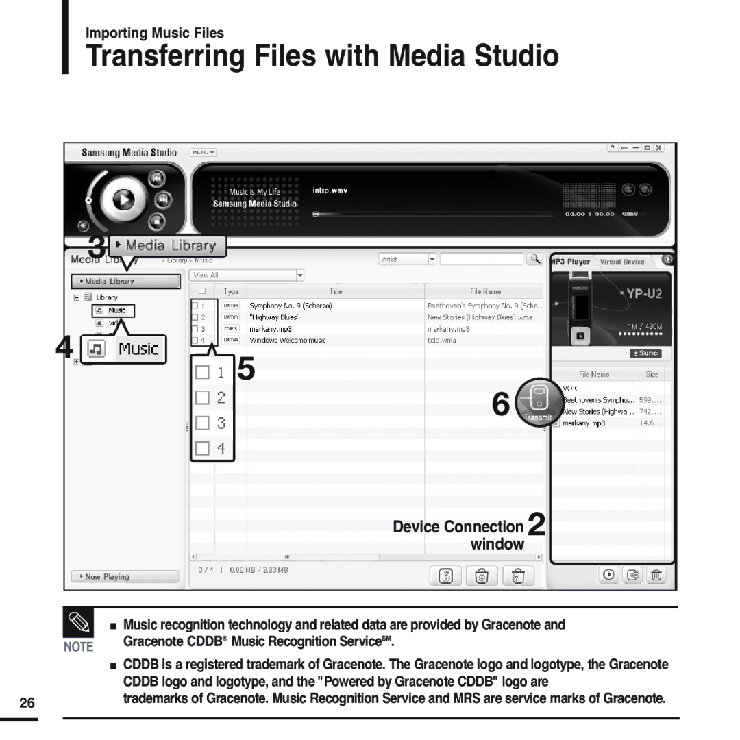 Samsung YP-U2XW/ELS, YP-U2ZW/ELS, YP-U2QW/ELS, YP-U2XB/ELS, YP-U2QB/ELS, YP-U2ZB/ELS manual Transferring Files with Media Studio 