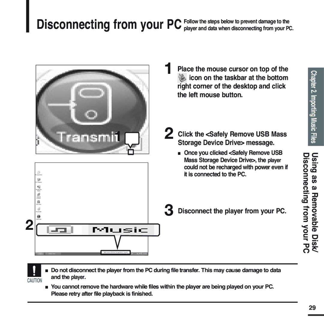 Samsung YP-U2ZB/ELS, YP-U2ZW/ELS, YP-U2QW/ELS, YP-U2XW/ELS, YP-U2XB/ELS, YP-U2QB/ELS manual Disconnect the player from your PC 