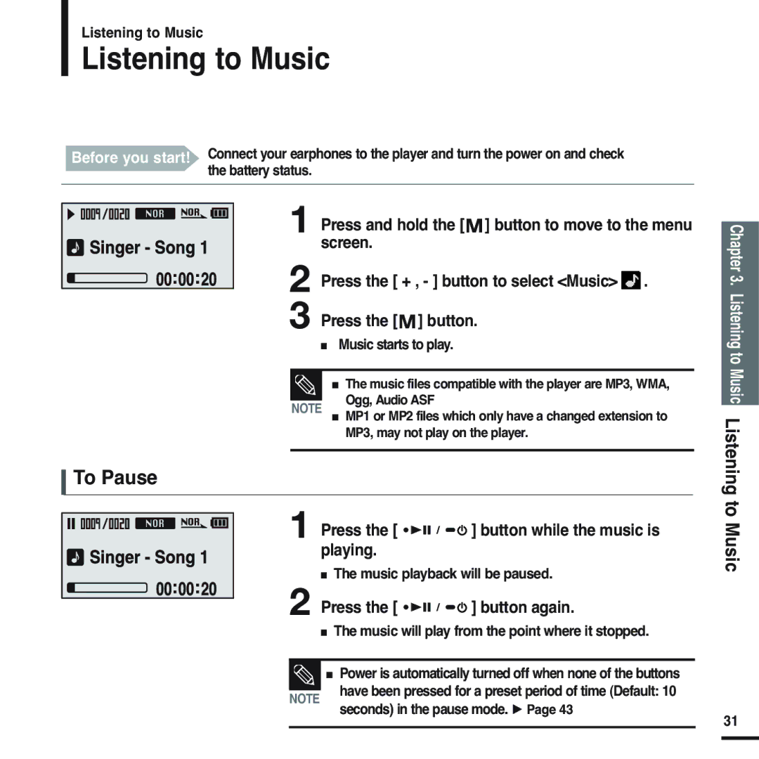 Samsung YP-U2QW/ELS, YP-U2ZW/ELS, YP-U2XW/ELS, YP-U2XB/ELS, YP-U2QB/ELS manual Listening to Music, To Pause, Press, Playing 