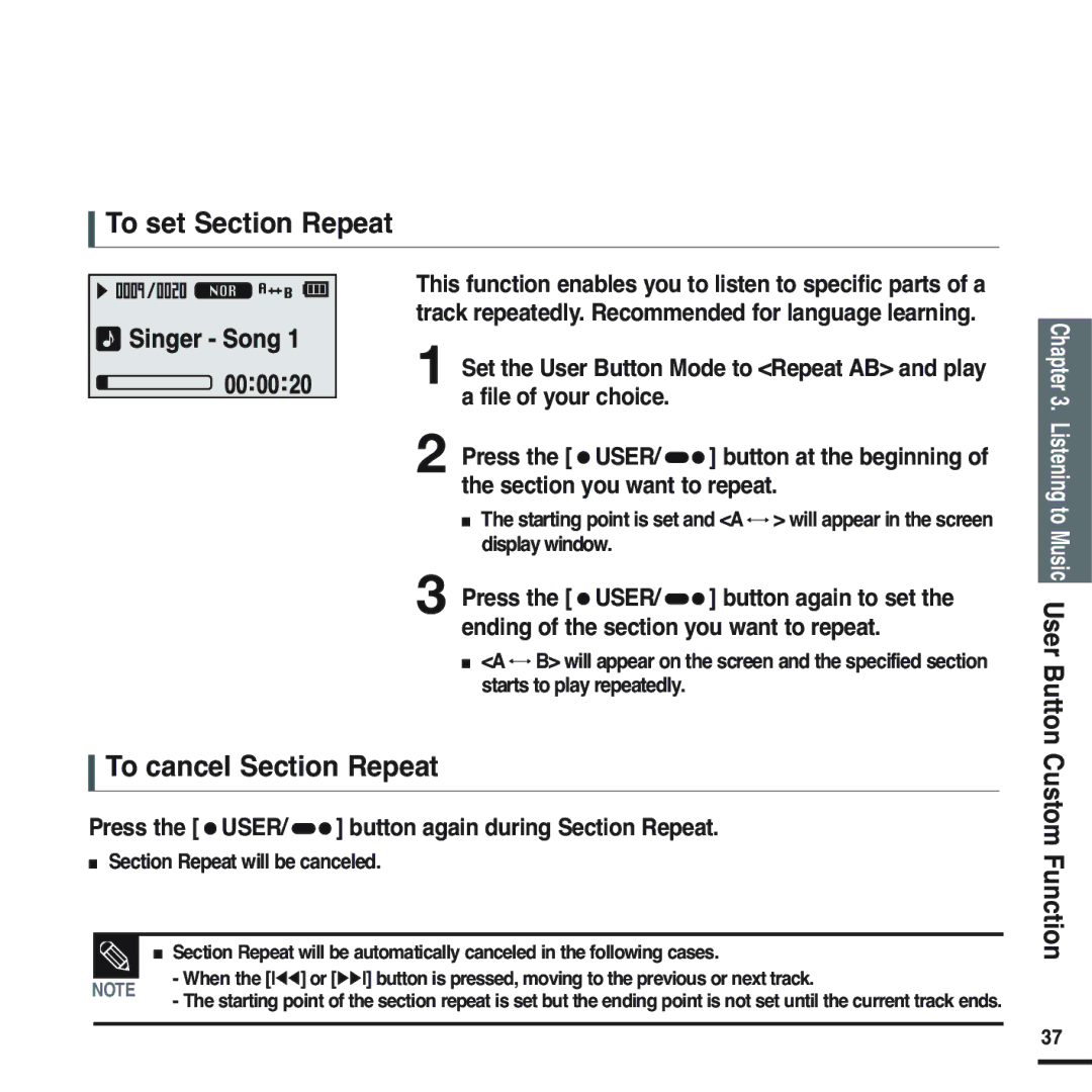 Samsung YP-U2QW/ELS To set Section Repeat, To cancel Section Repeat, Press the USER/ button again during Section Repeat 