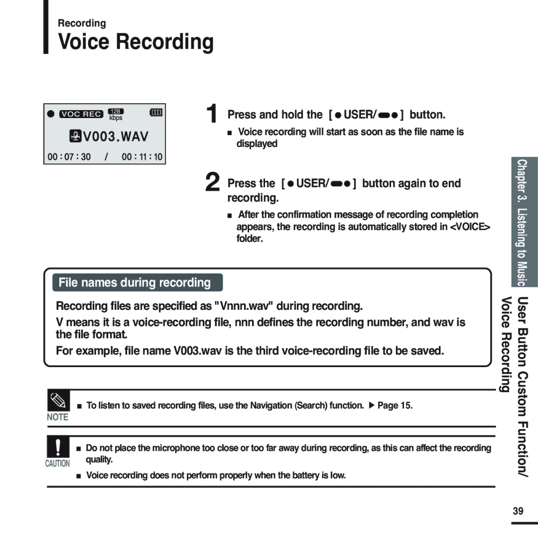 Samsung YP-U2XB/ELS manual Voice Recording, Press and hold the USER/ button, Press the USER/ button again to end recording 