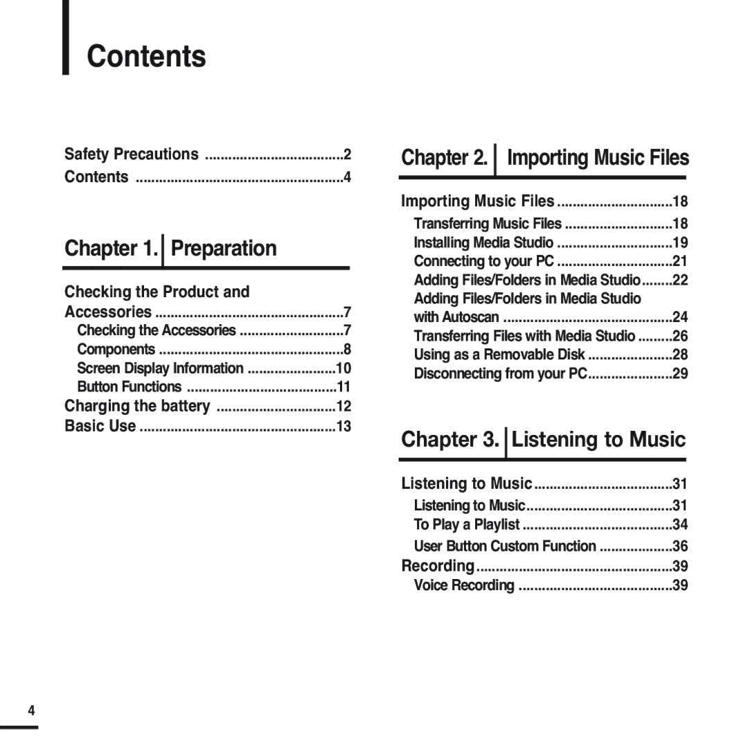 Samsung YP-U2QB/ELS, YP-U2ZW/ELS, YP-U2QW/ELS, YP-U2XW/ELS, YP-U2XB/ELS, YP-U2ZB/ELS manual Contents 