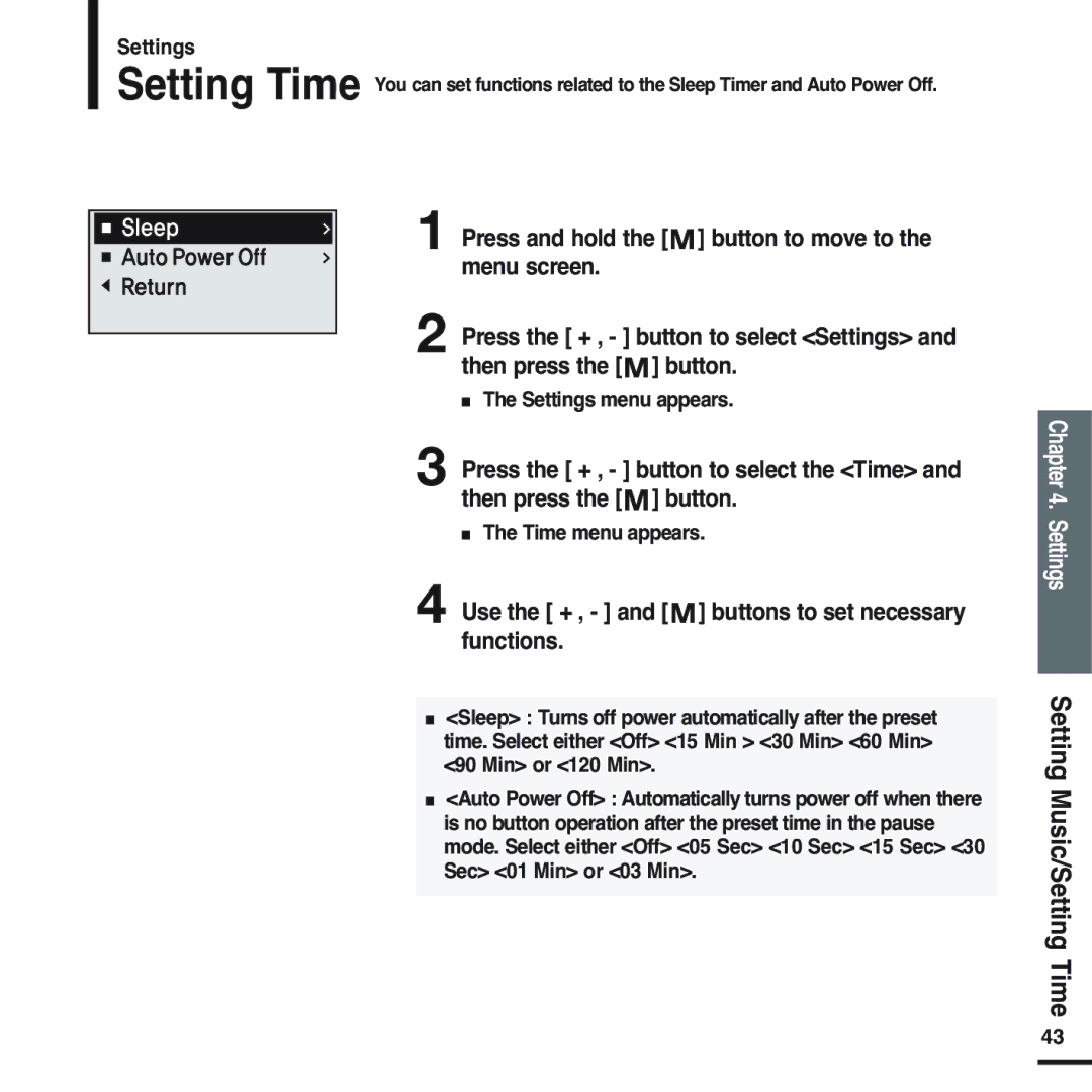 Samsung YP-U2QW/ELS, YP-U2ZW/ELS, YP-U2XW/ELS, YP-U2XB/ELS manual Settings Setting Music/Setting Time, Time menu appears 