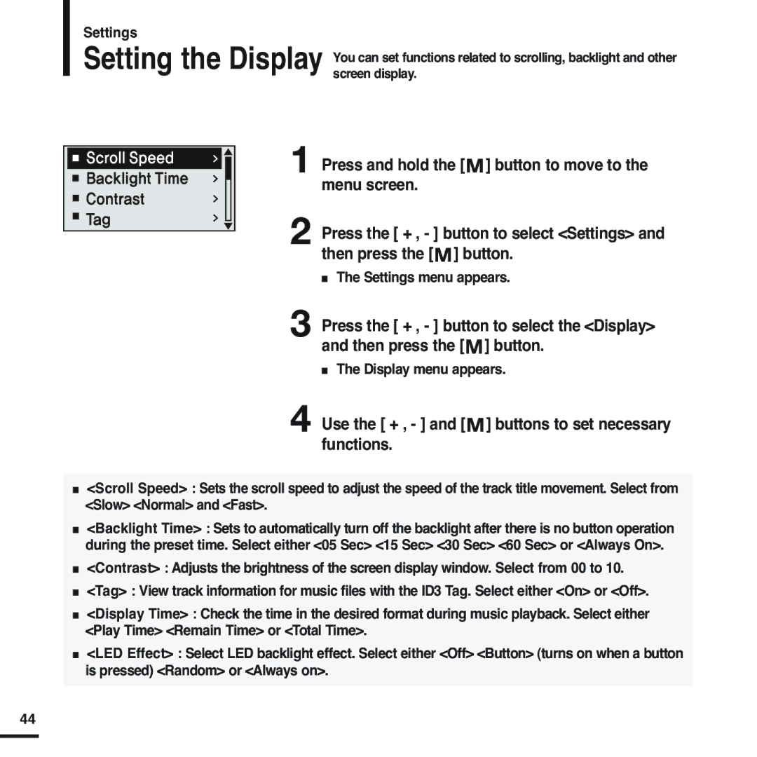 Samsung YP-U2XW/ELS, YP-U2ZW/ELS, YP-U2QW/ELS, YP-U2XB/ELS, YP-U2QB/ELS, YP-U2ZB/ELS manual Display menu appears 