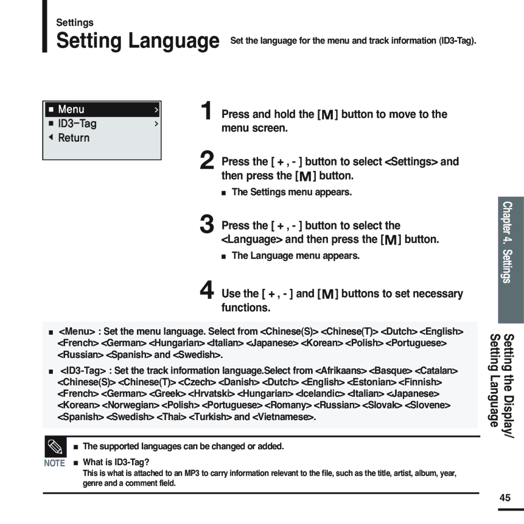 Samsung YP-U2XB/ELS, YP-U2ZW/ELS, YP-U2QW/ELS, YP-U2XW/ELS, YP-U2QB/ELS Settings Setting the Display/ Setting Language 