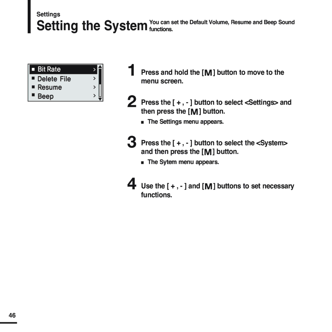 Samsung YP-U2QB/ELS, YP-U2ZW/ELS, YP-U2QW/ELS, YP-U2XW/ELS, YP-U2XB/ELS, YP-U2ZB/ELS manual Sytem menu appears 