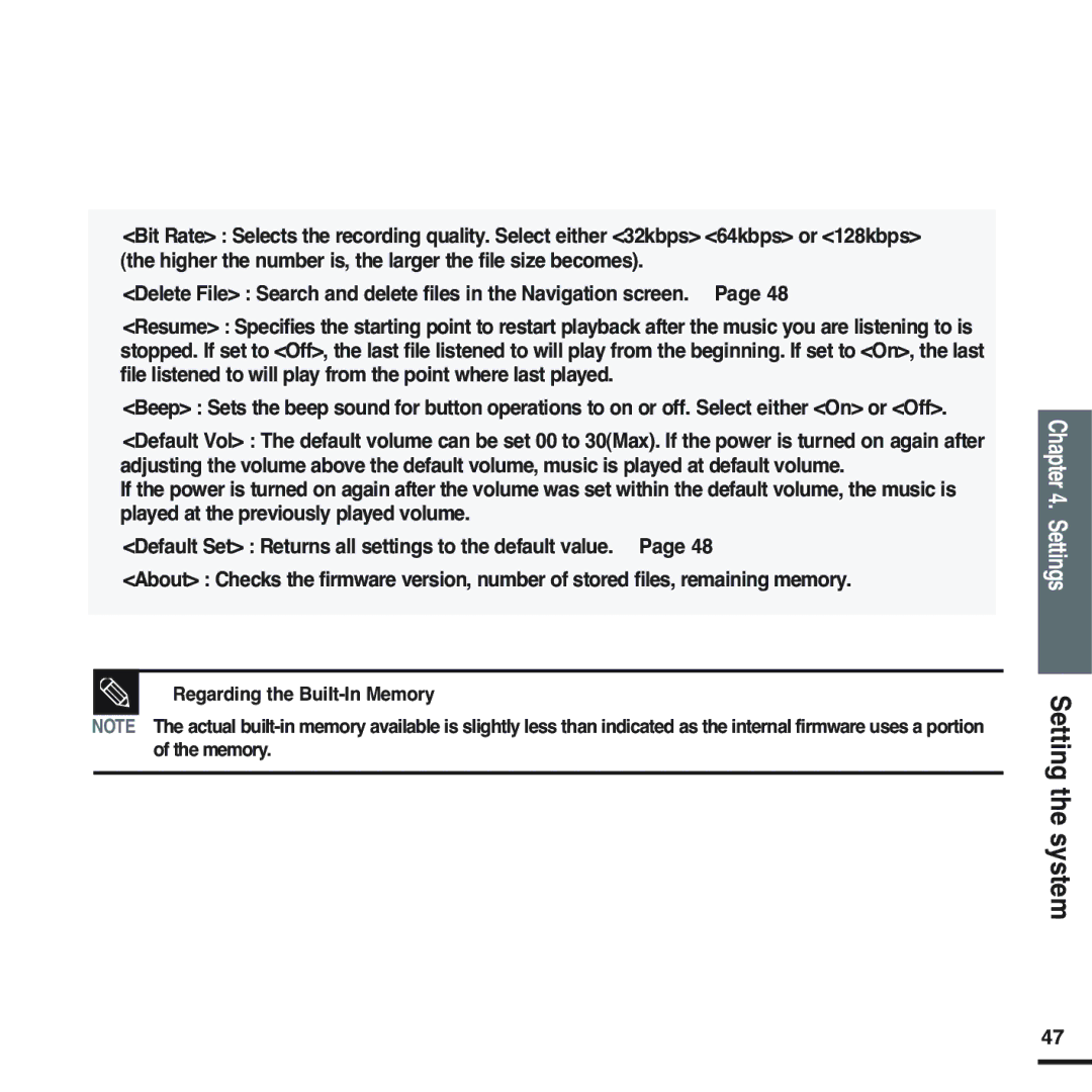 Samsung YP-U2ZB/ELS, YP-U2ZW/ELS, YP-U2QW/ELS, YP-U2XW/ELS, YP-U2XB/ELS, YP-U2QB/ELS manual Settings Setting the system 