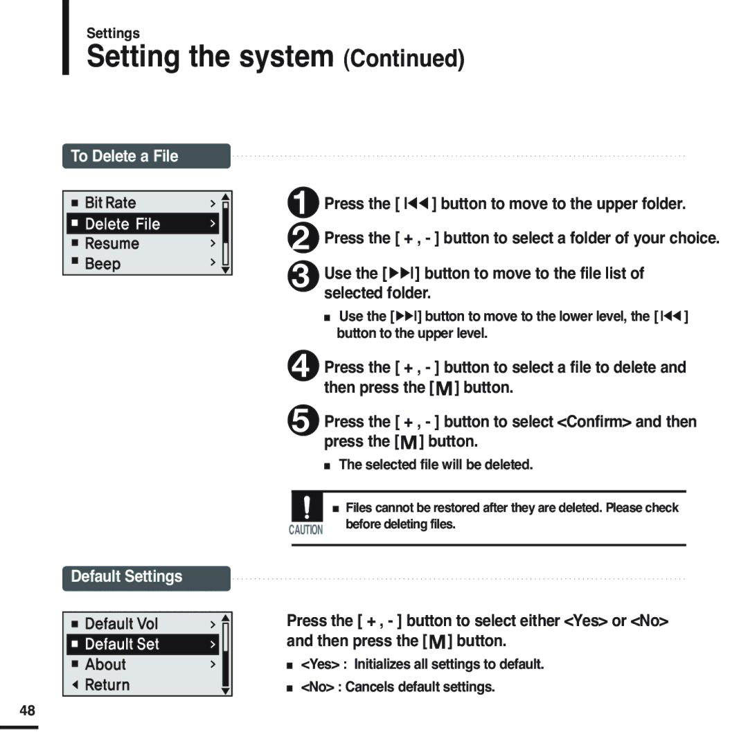 Samsung YP-U2ZW/ELS, YP-U2QW/ELS, YP-U2XW/ELS, YP-U2XB/ELS, YP-U2QB/ELS Setting the system, Selected file will be deleted 