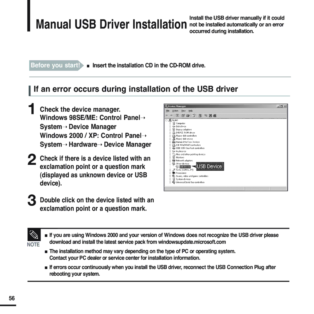 Samsung YP-U2XW/ELS, YP-U2ZW/ELS, YP-U2QW/ELS, YP-U2XB/ELS manual If an error occurs during installation of the USB driver 