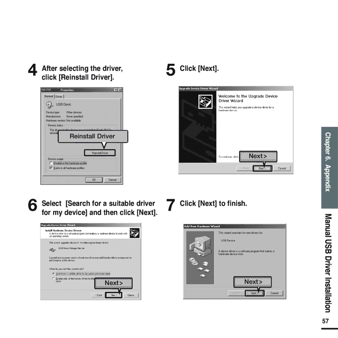 Samsung YP-U2XB/ELS, YP-U2ZW/ELS, YP-U2QW/ELS, YP-U2XW/ELS Click Next, After selecting the driver, click Reinstall Driver 