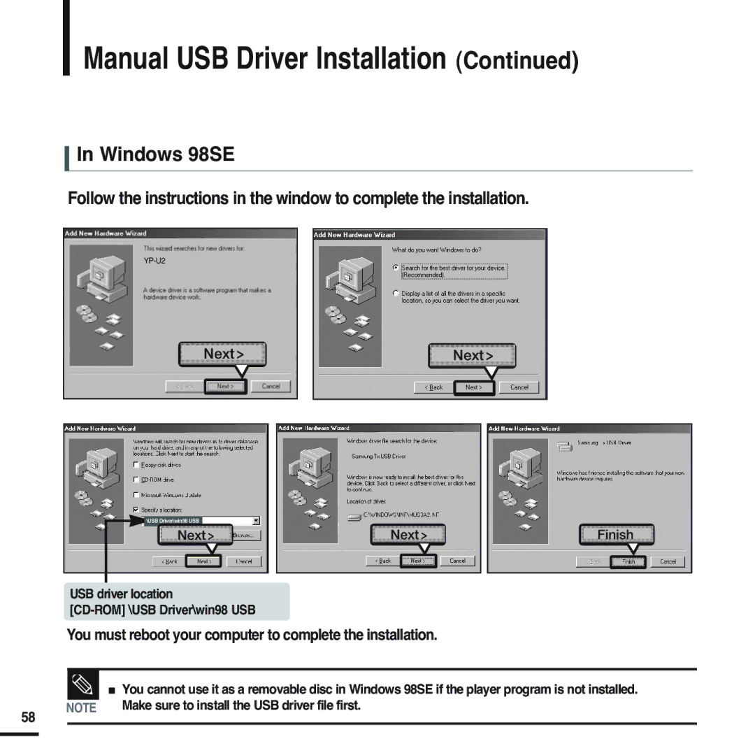 Samsung YP-U2QB/ELS, YP-U2ZW/ELS, YP-U2QW/ELS, YP-U2XW/ELS, YP-U2XB/ELS manual Manual USB Driver Installation, Windows 98SE 