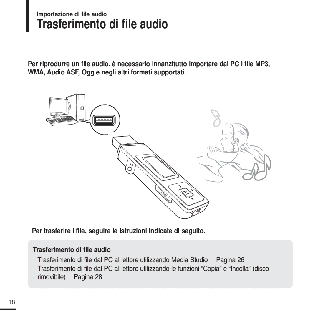 Samsung YP-U2ZW/ELS, YP-U2QW/ELS, YP-U2XW/ELS, YP-U2XB/ELS, YP-U2QB/ELS, YP-U2ZB/ELS manual Trasferimento di file audio 