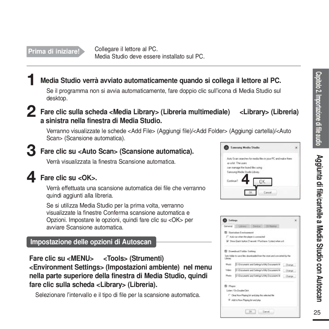 Samsung YP-U2QW/ELS manual Fare clic su Auto Scan Scansione automatica, Fare clic su OK, Fare clic su Menu Tools Strumenti 