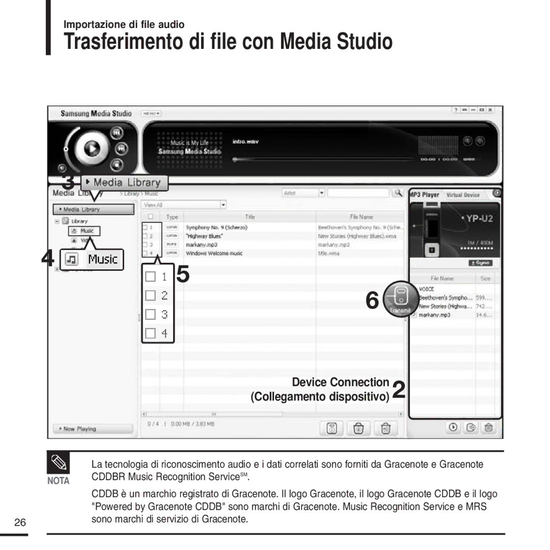 Samsung YP-U2XW/ELS, YP-U2ZW/ELS, YP-U2QW/ELS Trasferimento di file con Media Studio, Sono marchi di servizio di Gracenote 