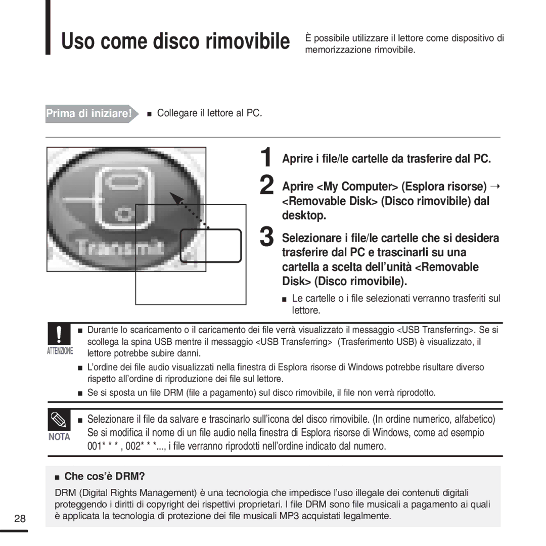 Samsung YP-U2QB/ELS, YP-U2ZW/ELS, YP-U2QW/ELS Prima di iniziare! Collegare il lettore al PC, Lettore potrebbe subire danni 