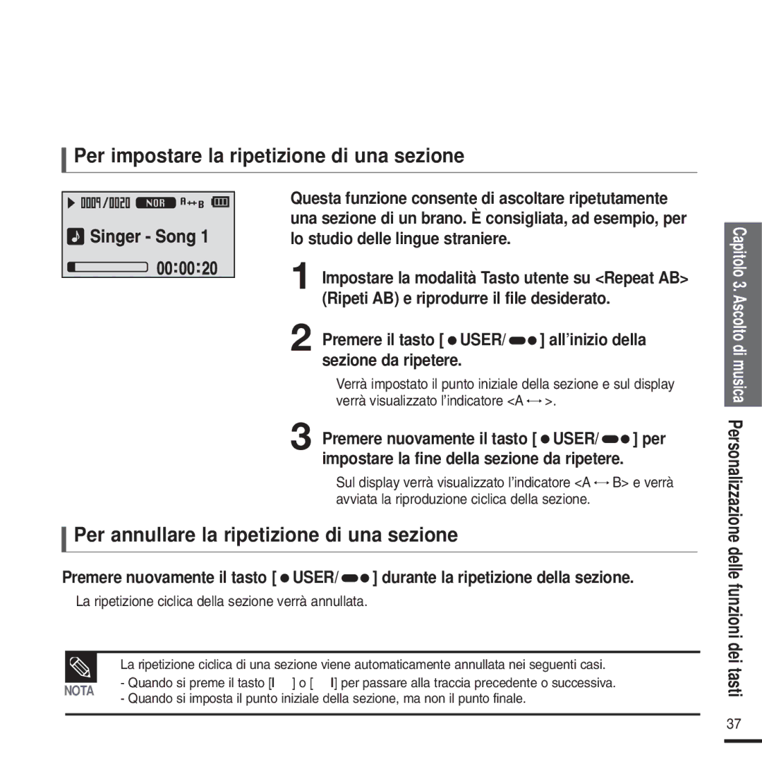 Samsung YP-U2QW/ELS, YP-U2ZW/ELS Per impostare la ripetizione di una sezione, Per annullare la ripetizione di una sezione 