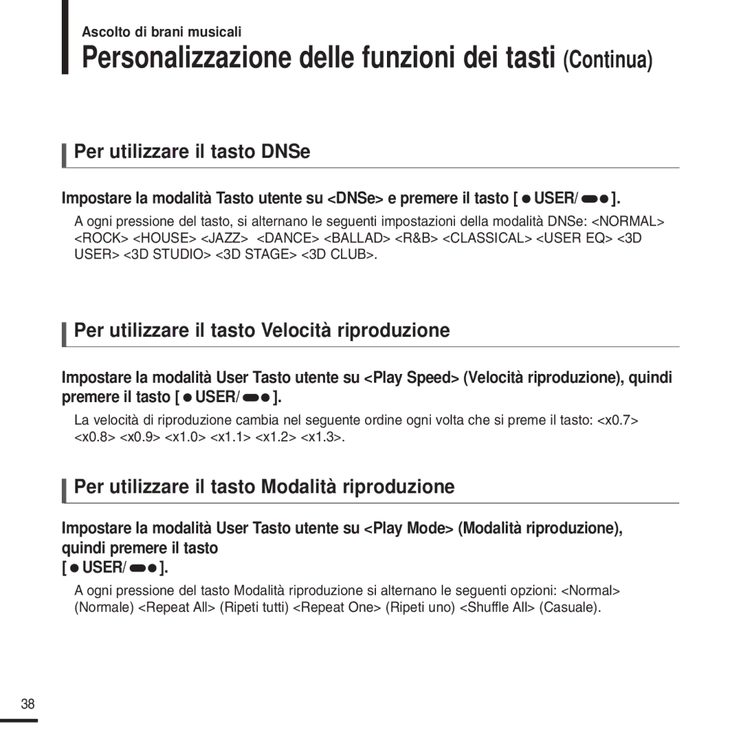 Samsung YP-U2XW/ELS, YP-U2ZW/ELS, YP-U2QW/ELS Per utilizzare il tasto DNSe, Per utilizzare il tasto Velocità riproduzione 