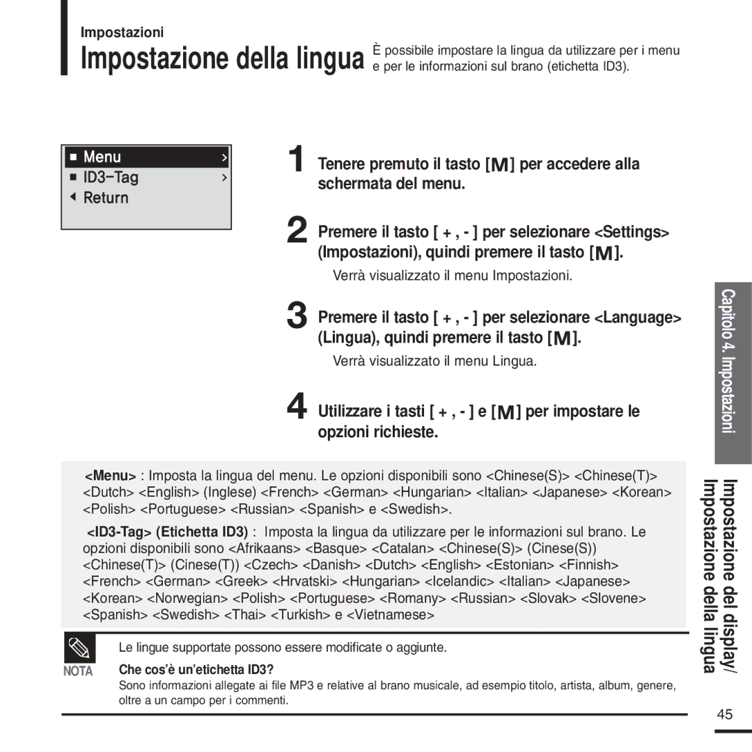 Samsung YP-U2XB/ELS, YP-U2ZW/ELS, YP-U2QW/ELS manual Verrà visualizzato il menu Lingua, Nota Che cos’è un’etichetta ID3? 