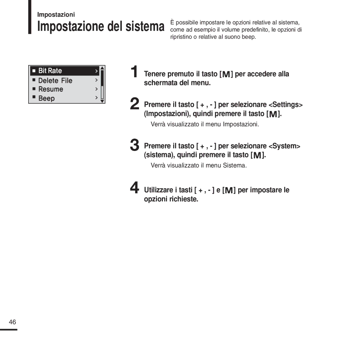 Samsung YP-U2QB/ELS, YP-U2ZW/ELS, YP-U2QW/ELS, YP-U2XW/ELS manual Impostazione del sistema, Verrà visualizzato il menu Sistema 