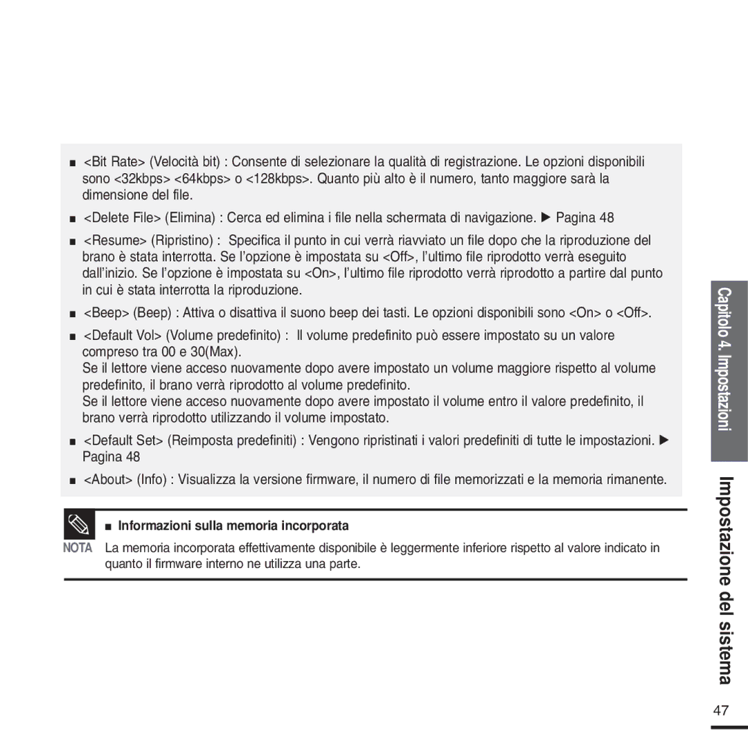 Samsung YP-U2ZB/ELS, YP-U2ZW/ELS, YP-U2QW/ELS, YP-U2XW/ELS, YP-U2XB/ELS Capitolo 4. Impostazioni Impostazione del sistema 