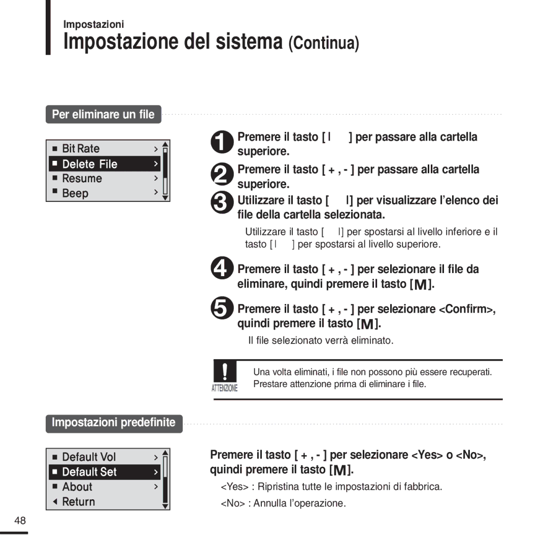 Samsung YP-U2ZW/ELS, YP-U2QW/ELS, YP-U2XW/ELS Impostazione del sistema Continua, Superiore, File della cartella selezionata 