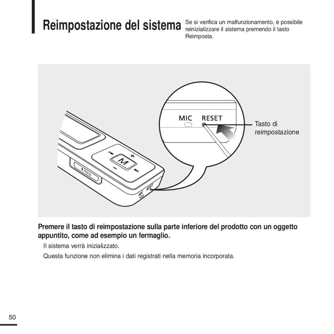 Samsung YP-U2XW/ELS, YP-U2ZW/ELS, YP-U2QW/ELS, YP-U2XB/ELS, YP-U2QB/ELS, YP-U2ZB/ELS manual Tasto di reimpostazione 