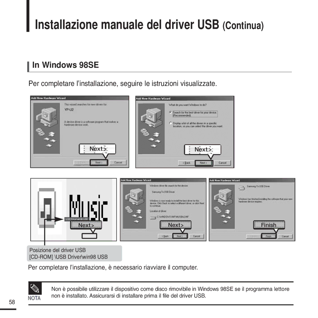 Samsung YP-U2QB/ELS, YP-U2ZW/ELS, YP-U2QW/ELS, YP-U2XW/ELS Installazione manuale del driver USB Continua, Windows 98SE 