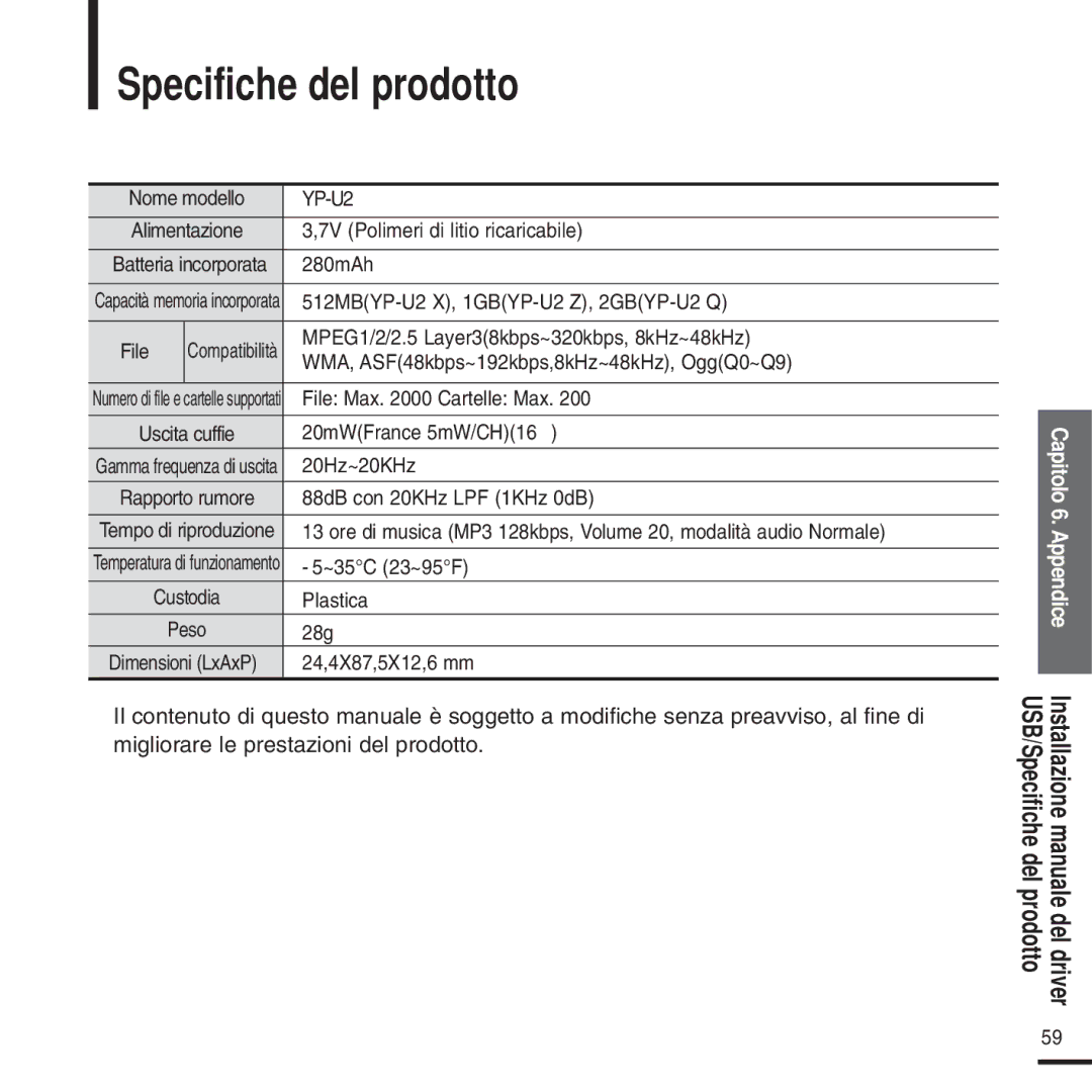 Samsung YP-U2ZB/ELS, YP-U2ZW/ELS, YP-U2QW/ELS, YP-U2XW/ELS, YP-U2XB/ELS, YP-U2QB/ELS manual Specifiche del prodotto 