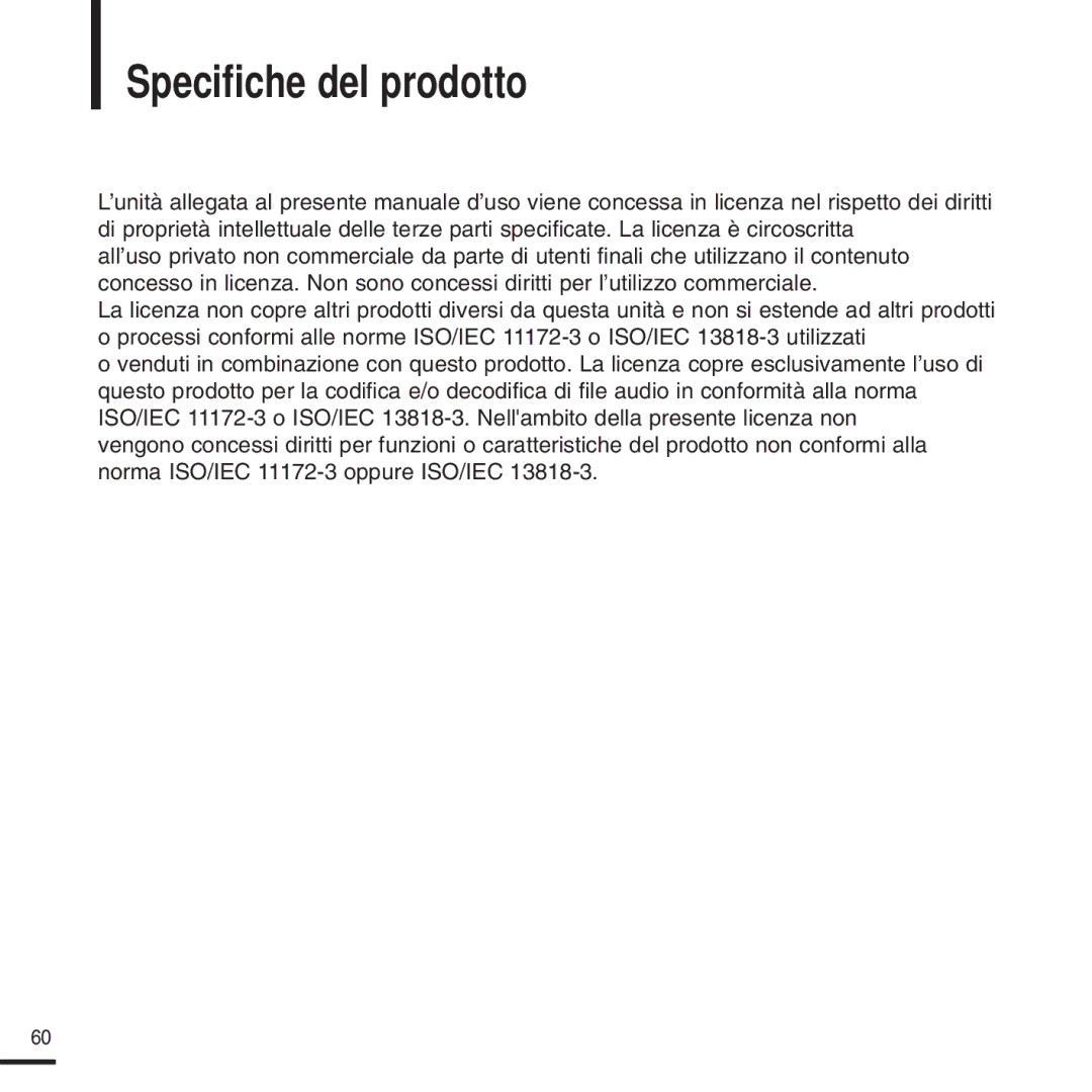 Samsung YP-U2ZW/ELS, YP-U2QW/ELS, YP-U2XW/ELS, YP-U2XB/ELS, YP-U2QB/ELS, YP-U2ZB/ELS manual Specifiche del prodotto 