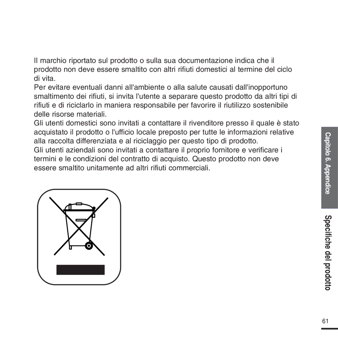 Samsung YP-U2QW/ELS, YP-U2ZW/ELS, YP-U2XW/ELS, YP-U2XB/ELS, YP-U2QB/ELS manual Capitolo 6. Appendice Specifiche del prodotto 