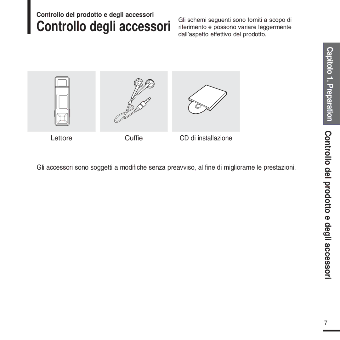 Samsung YP-U2QW/ELS, YP-U2ZW/ELS, YP-U2XW/ELS, YP-U2XB/ELS manual Controllo del prodotto e degli accessori, Lettore Cuffie 