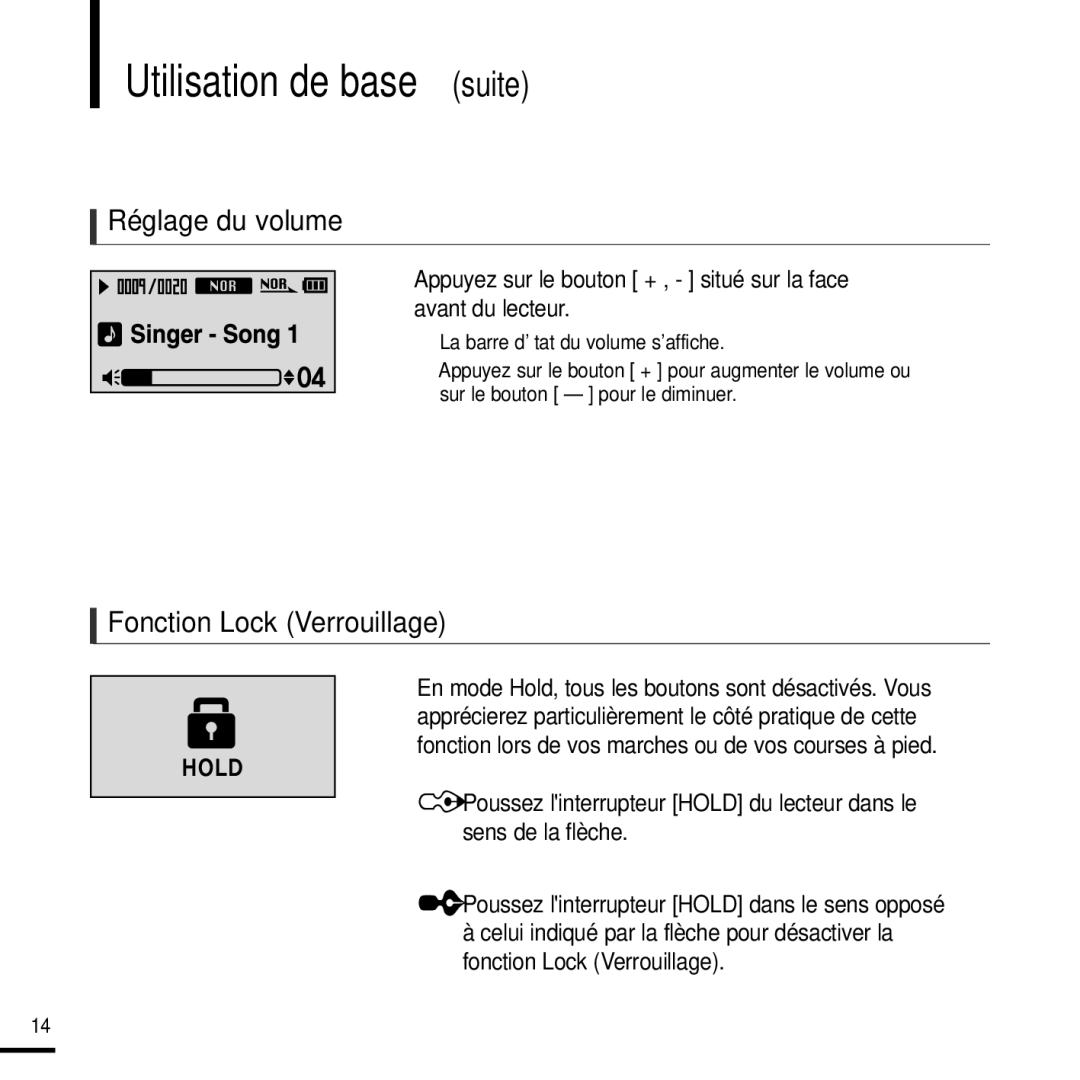 Samsung YP-U2XW/ELS, YP-U2ZW/ELS, YP-U2QW/ELS manual Utilisation de base suite, Réglage du volume, Fonction Lock Verrouillage 