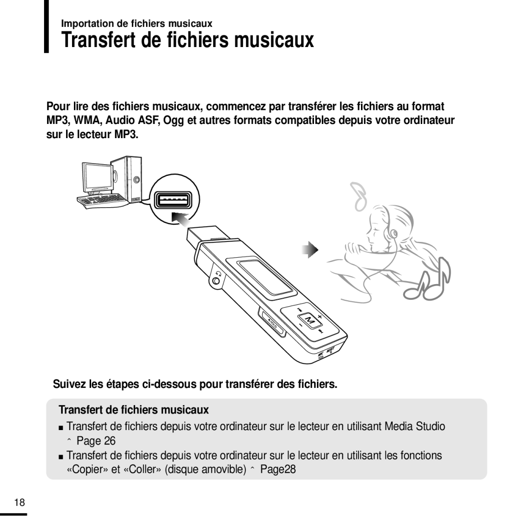 Samsung YP-U2XW/ELS, YP-U2ZW/ELS, YP-U2QW/ELS, YP-U2XB/ELS Transfert de fichiers musicaux, Importation de fichiers musicaux 