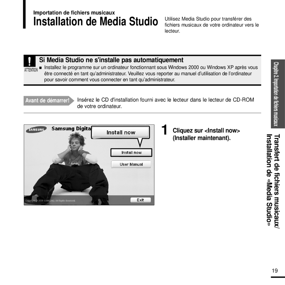 Samsung YP-U2XB/ELS, YP-U2ZW/ELS, YP-U2QW/ELS, YP-U2XW/ELS manual Installation de Media Studio 