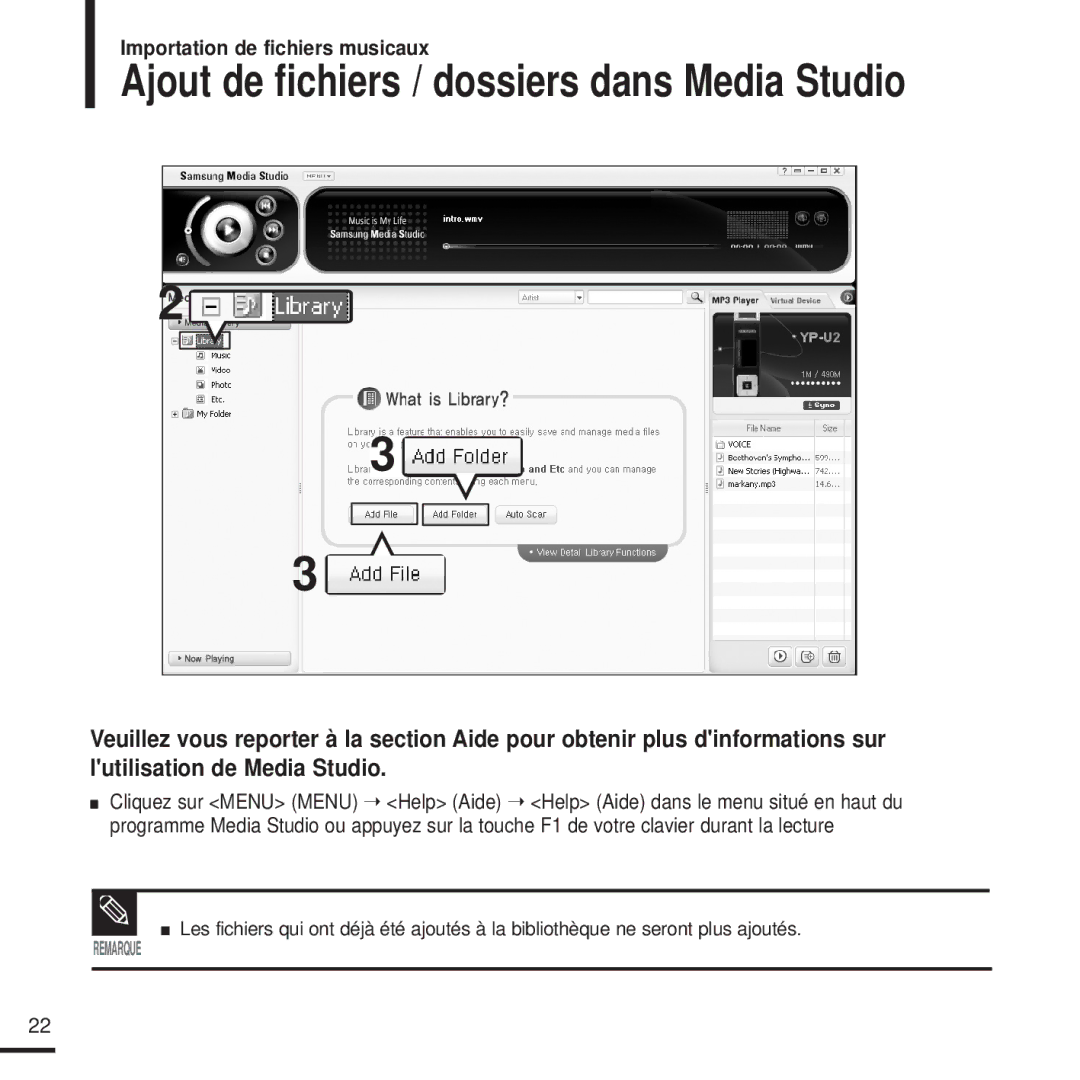 Samsung YP-U2XW/ELS, YP-U2ZW/ELS, YP-U2QW/ELS, YP-U2XB/ELS manual Ajout de fichiers / dossiers dans Media Studio 