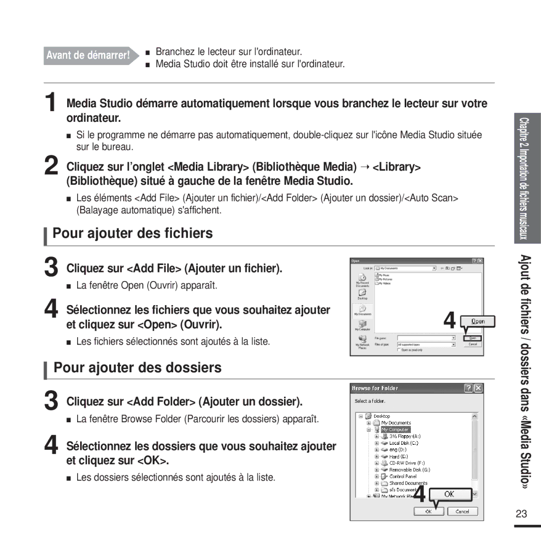 Samsung YP-U2XB/ELS manual Pour ajouter des fichiers, Pour ajouter des dossiers, Cliquez sur Add File Ajouter un fichier 