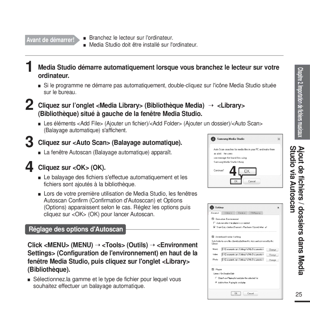 Samsung YP-U2QW/ELS, YP-U2ZW/ELS, YP-U2XW/ELS, YP-U2XB/ELS Cliquez sur Auto Scan Balayage automatique, Cliquez sur OK OK 