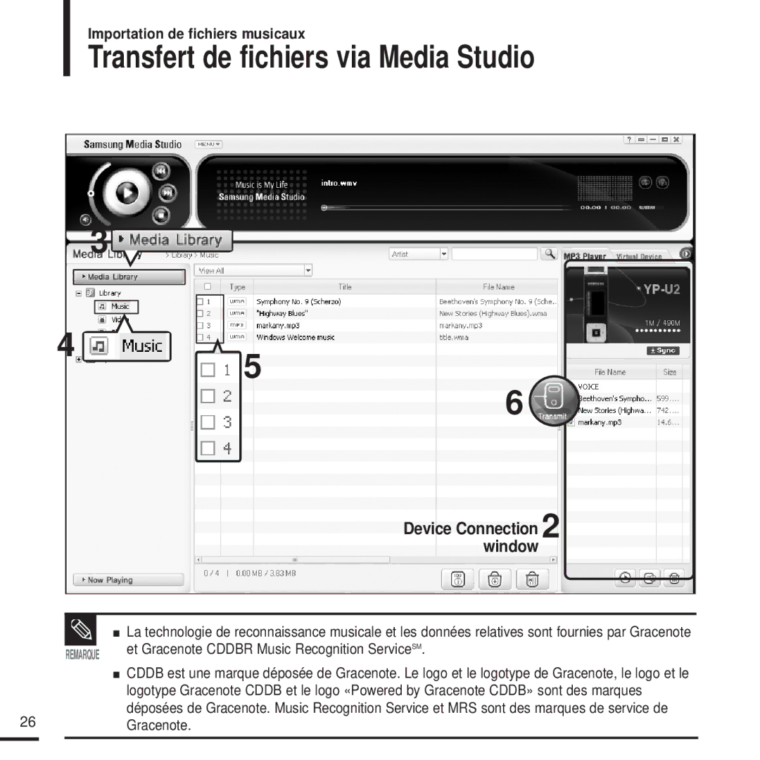 Samsung YP-U2XW/ELS, YP-U2ZW/ELS manual Transfert de fichiers via Media Studio, Device Connection 2 window, 26Gracenote 