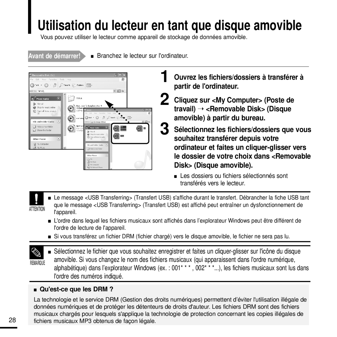 Samsung YP-U2ZW/ELS, YP-U2QW/ELS, YP-U2XW/ELS, YP-U2XB/ELS manual Lordre des numéros indiqué, Quest-ce que les DRM ? 