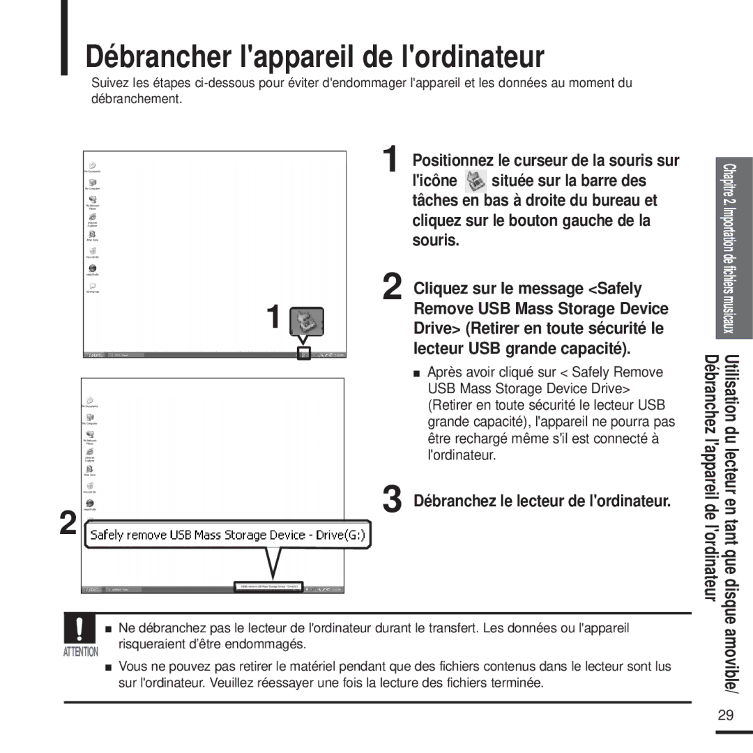 Samsung YP-U2QW/ELS, YP-U2ZW/ELS, YP-U2XW/ELS Débrancher lappareil de lordinateur, Positionnez le curseur de la souris sur 