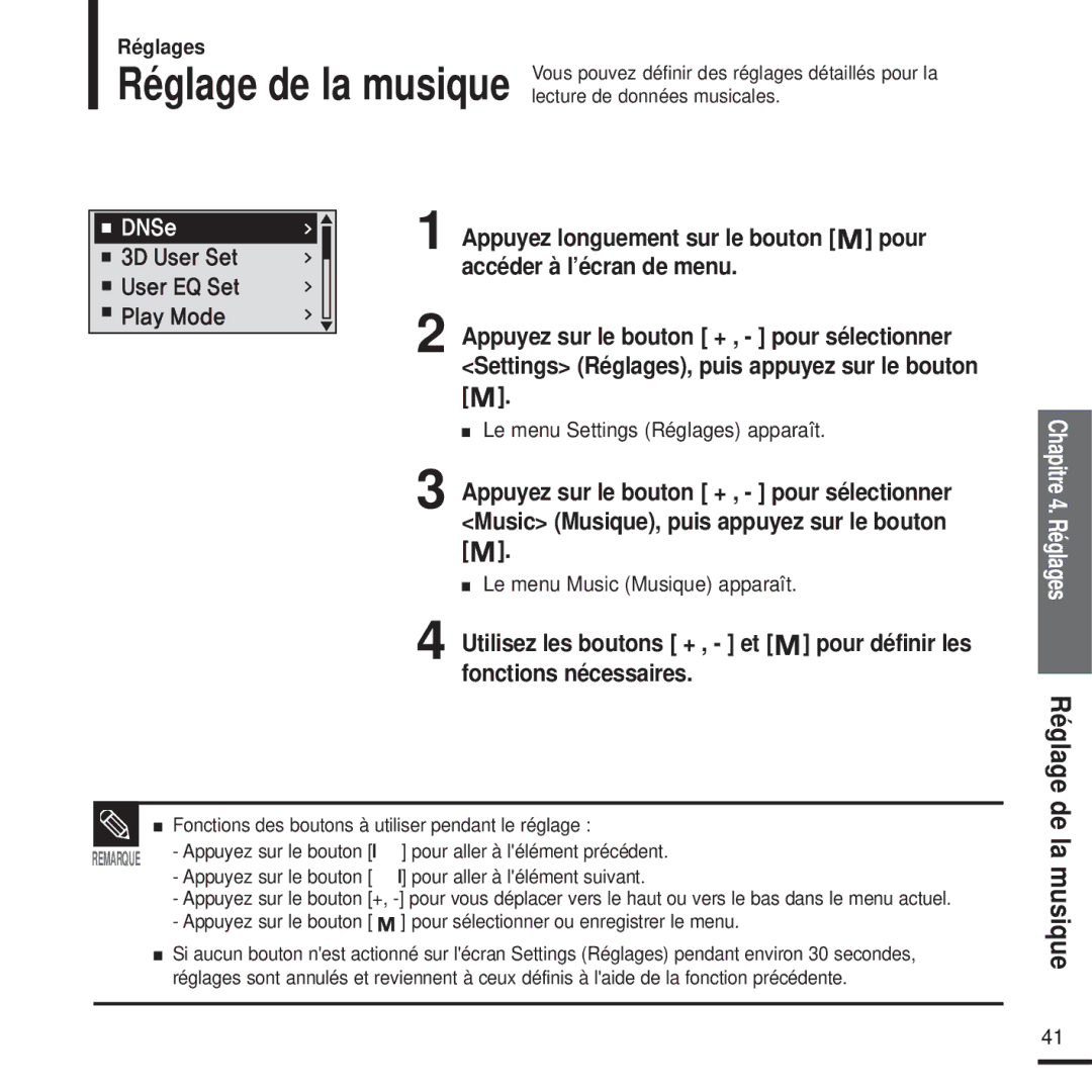 Samsung YP-U2QW/ELS, YP-U2ZW/ELS, YP-U2XW/ELS, YP-U2XB/ELS manual Réglages, Le menu Music Musique apparaît 